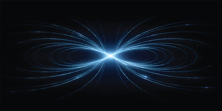 Abstract Magnetic Field Lines on Dark Background &ndash; Glowing Blue Energy Flux, Electromagnetic Force, Science and Technology Concept