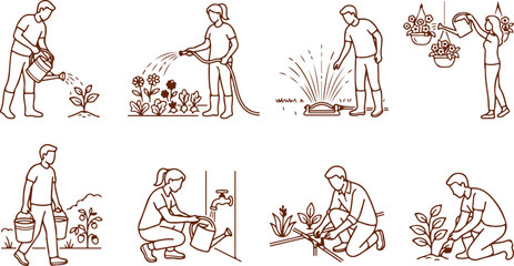 People gardening, watering plants, planting seedlings, using watering cans and hoses, outdoor activity illustrations. © Sadhin