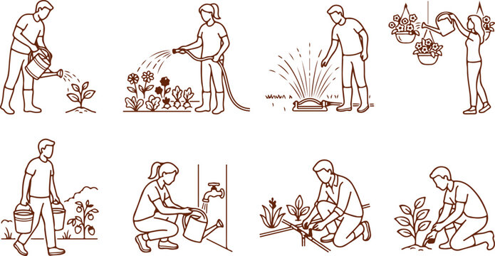 People gardening, watering plants, planting seedlings, using watering cans and hoses, outdoor activity illustrations.