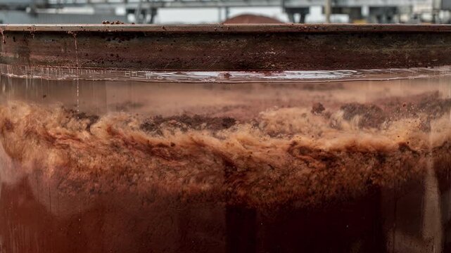 Closeup medium shot of a single desilication tank clarifier with red mud solids slowly settling highlighting the texture and color contrast in the liquid