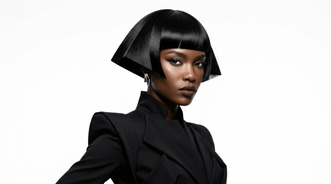 Elegant Black Woman Geometric Bob Hairstyle Black Blazer Studio