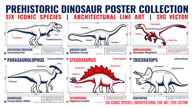 Prehistoric Dinosaur Poster Collection: Six Iconic Species, Architectural Line Art SVG Vector