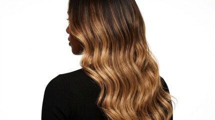 Naklejka premium Long Wavy Balayage Hair Woman Back View White Background