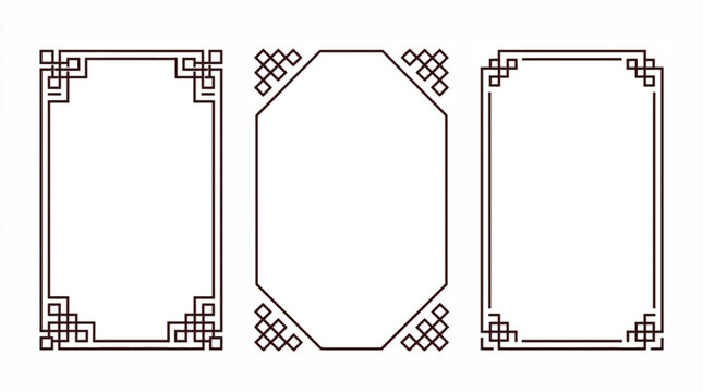 Traditional Chinese border set with 3 vector frames, oriental geometric line art ornaments, elegant asian knot patterns for invitations and menus