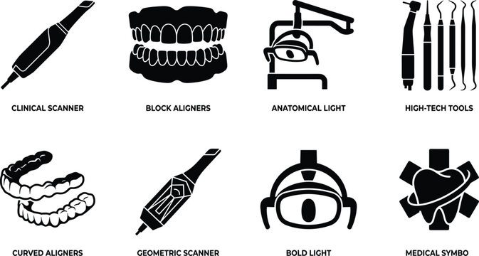 Professional dental care and orthodontics icon set featuring scanners teeth aligners examination lights and dentistry tools vector illustrations