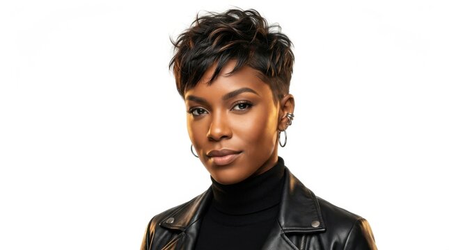 Confident Young Black Woman Portrait in Leather Jacket