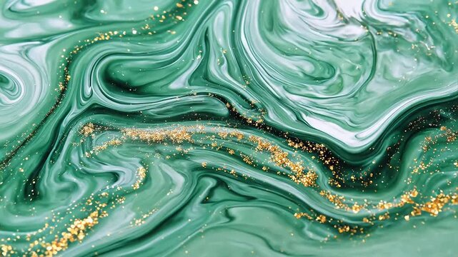 Abstract green and white swirls with gold specks