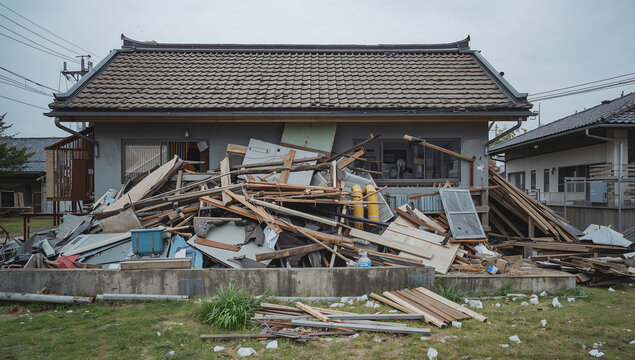地方の住宅で地震後に壊れた屋根と瓦礫が広がる被害風景