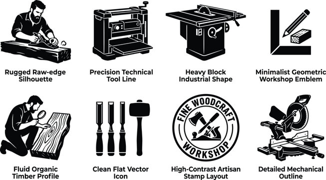Professional woodworking and carpentry icon set featuring table saw miter saw planer artisan workshop stamp and hand tools vector silhouettes