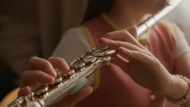 Cropped shot of child playing flute during music lesson at home, pressing keys with fingers. Footage ideal for promotional materials of music schools or online tutoring platforms