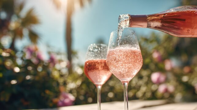 Rose sparkling wine pouring into glass outdoors on sunny summer day