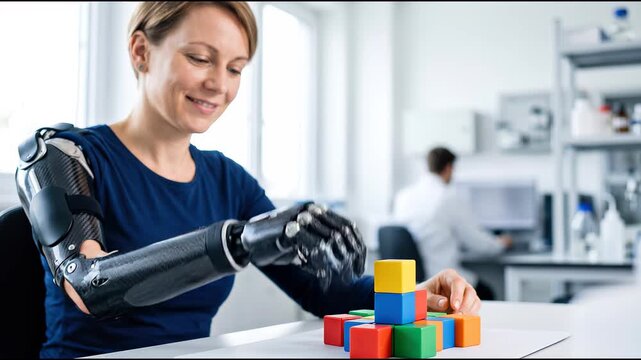 A woman with a robotic arm stacks colorful blocks on a table in a lab. She focuses on her task as she places the blocks carefully. The bright lab has various equipment in the background