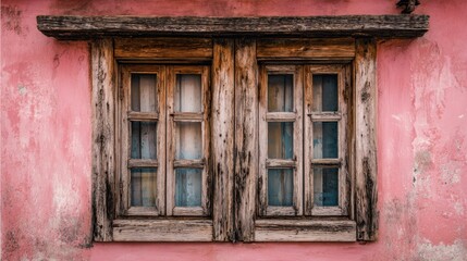 Fototapeta premium Rustic weathered wooden window on aged pink stucco wall, vintage charm