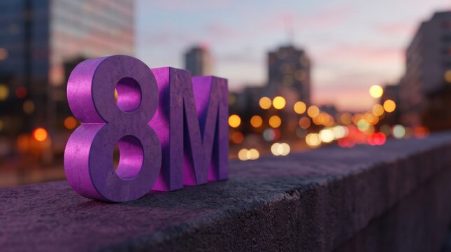 Purple 8m numbers on ledge with blurred cityscape background at dusk