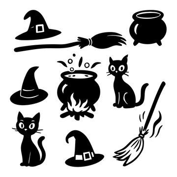 Halloween Witch, Black Cat, Cauldron, Witch's Hat, Flying Broom Vintage Style Illustrations 