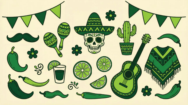 Mexican Fiesta Vector Elements, Green Monochrome Cinco de Mayo Icons, Traditional Sugar Skull and Mariachi Party Decorations for Event Branding