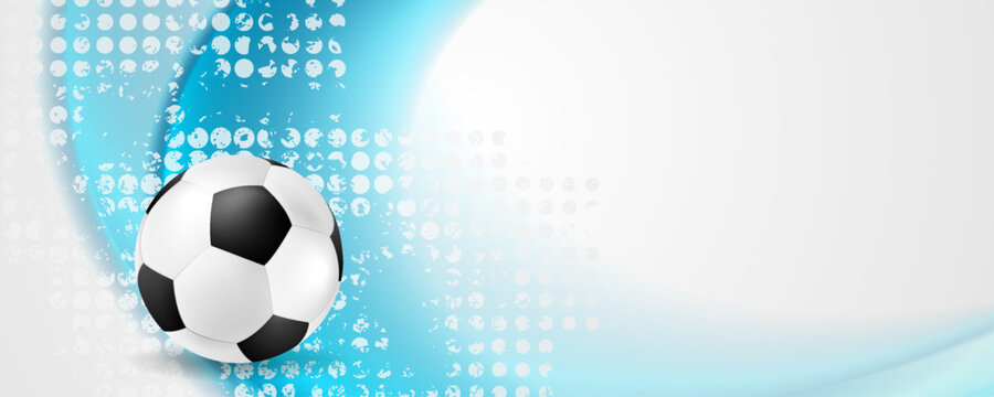 Abstract blue white football background with halftone dots, smooth waves and soccer ball. Sport vector banner design