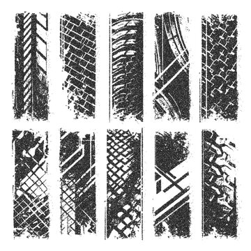Transparent png of black tire tracks set featuring grunge tread marks and car wheel footprints overlay for automotive transport design and road texture illustration icon vector silhouette trace brush
