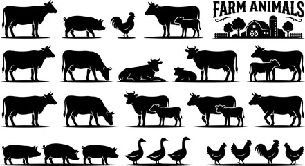 Farm animal silhouettes including cows, pigs, roosters, hens, and geese with barn and silo graphic for rural design themes © MSTMONIRA
