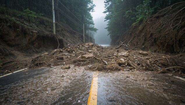 豪雨の山道で泥水と土石流が道路を覆う危険な風景