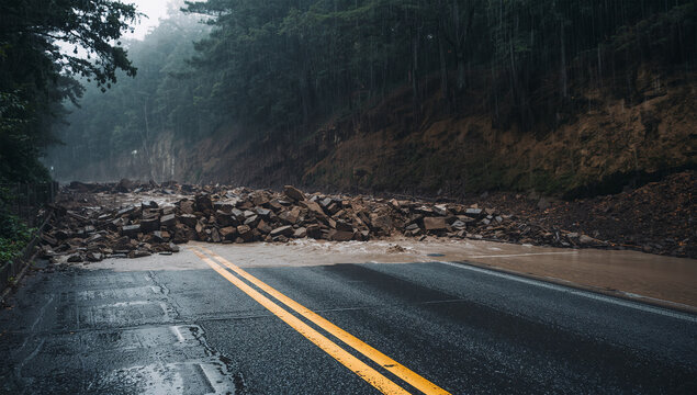 豪雨の山道で泥水と土石流が道路を覆う危険な風景