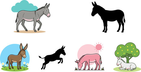 Fototapeta premium Five donkey illustrations in varied styles and settings, including silhouettes, colorful designs, grazing, jumping, and decorative environments