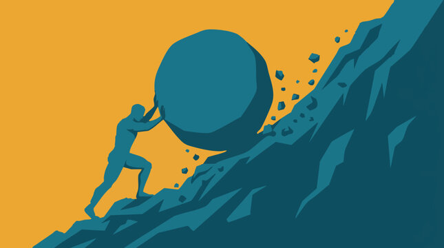 Man pushing heavy boulder up steep hill, concept of effort and perseverance