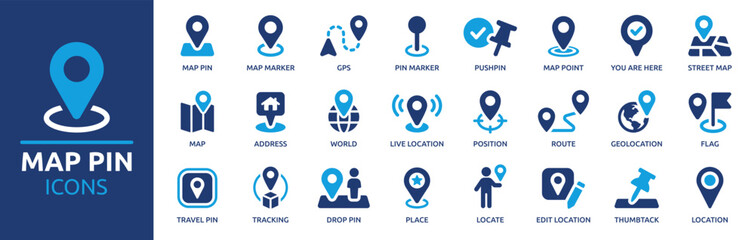 Set of map pin and location icons for GPS navigation, tracking, route planning, street map markers, and geographic position indicators © DASHINKAN