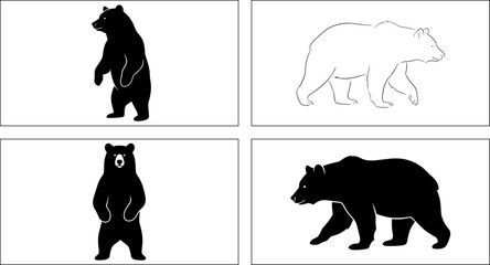 Four bear illustrations in grid panels showing upright and walking poses in silhouette and outline styles with varied artistic details © MSTMONIRA