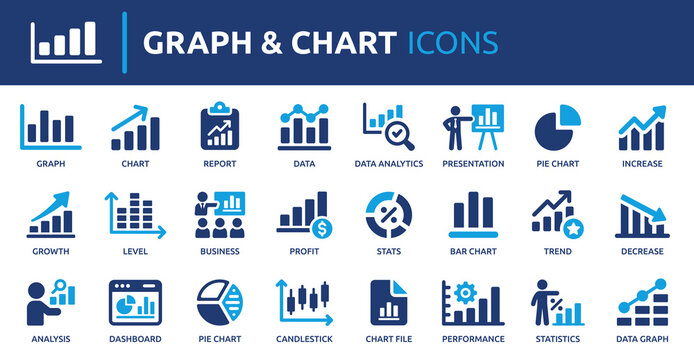 Collection of flat icons for graph and chart analysis, representing data visualization and business intelligence for digital platforms and presentations
