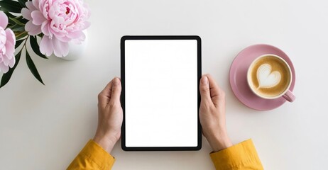 Obraz premium Hands Holding Tablet with Coffee and Flowers on White Desk for Web Design