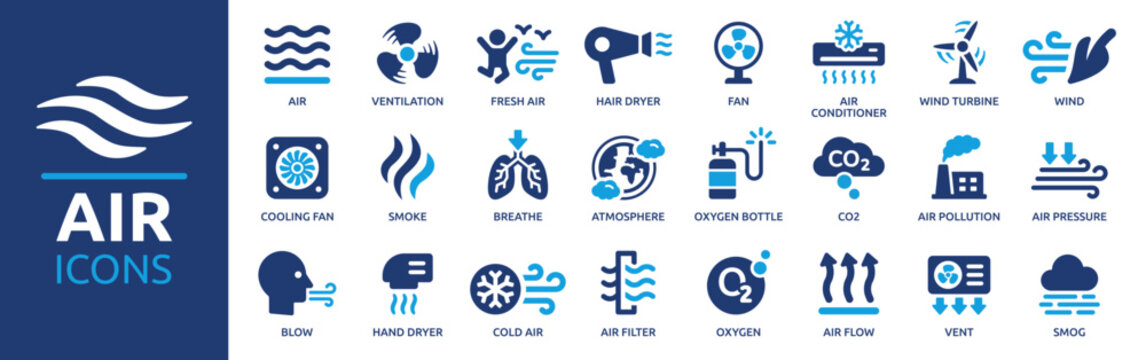 Ventilation and climate control vector icons illustrating air quality, oxygen, wind energy, pollution, breathing, and atmosphere for diverse design needs