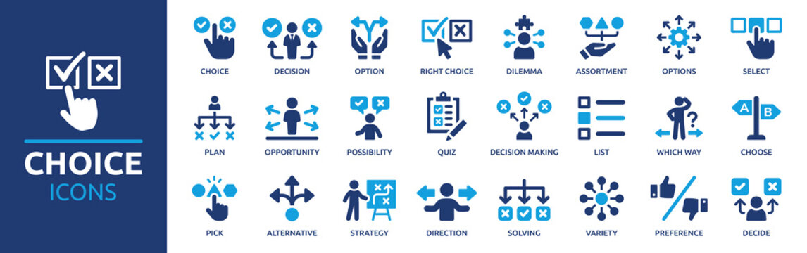 Collection of choice icons depicting decision-making, options, strategy, planning, and problem-solving for business and lifestyle applications