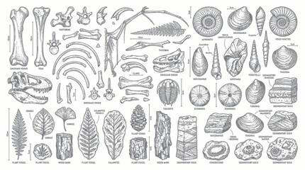 Vintage Scientific Illustration of Fossils, Skeletons, and Ancient Plants © jono