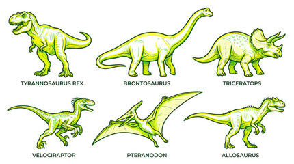 Collection of Dinosaurs: Tyrannosaurus Rex, Brontosaurus, Triceratops, Velociraptor, Pteranodon, Allosaurus © jono