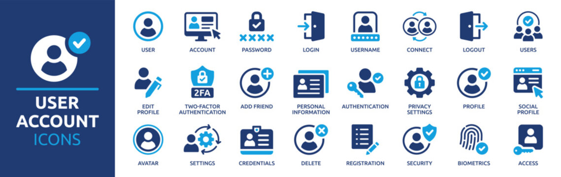 Comprehensive collection of modern user account management icons, featuring diverse symbols for login, security, profile settings, and authentication processes in digital interfaces