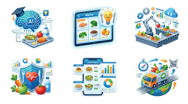 Set of modern food technology and nutrition digital icons.