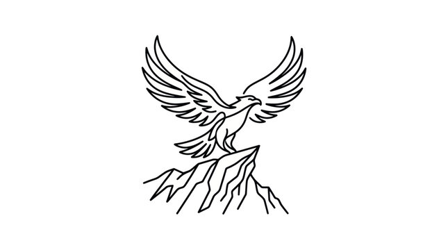 Eagle landing on rocky mountain peak, simple line art illustration, freedom symbol