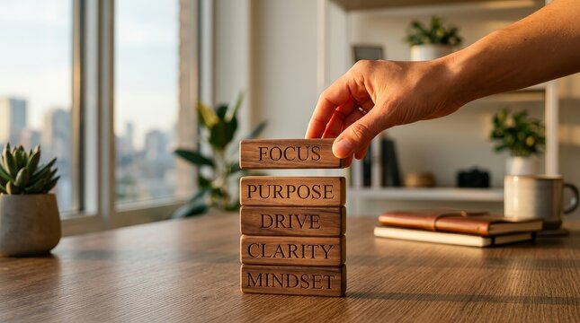 Hand building stack of blocks with focus mindset clarity purpose drive