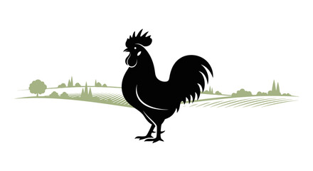 Rooster Silhouette with Farm Landscape Vector Illustration © winih