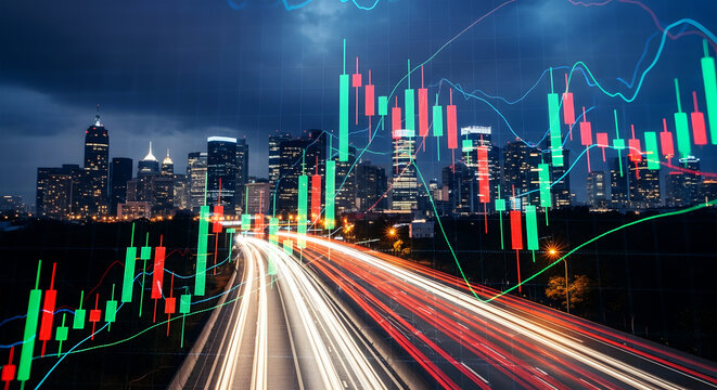Cityscape at night with stock market candlestick charts and light trails image