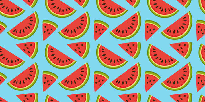 Watermelon slice seamless pattern on blue background. Summer fruit ornament with red juicy chunks, green rind and black seeds. Sweet tropical food texture for fabric print or wrapping paper.