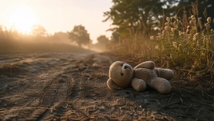 Obraz premium traces. Lone teddy bear on a dirt path with marks, in soft morning light. wellbeing guides, coaching materials, designed for mental health education and mindfulness programs.