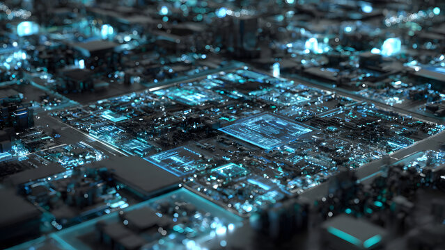 Futuristic 3D render of a blue microchip with glowing digital data traces and circuits on a dark motherboard, illustrating artificial intelligence, quantum computing, and high-tech.