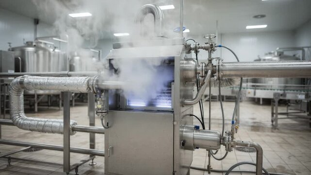 Medium shot focusing on a heatsanitizing CIP unit highlighting steam and thermal cleaning cycles inside a hightech food processing plant