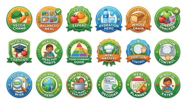 Set of colorful nutritional badges and healthy eating icons for kids.
