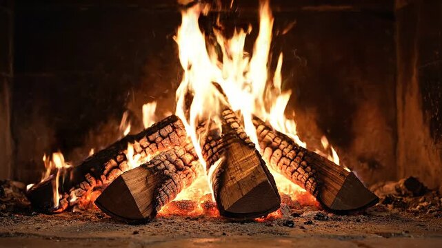 Warm fireplace, burning logs, cozy flames, home heating 4k