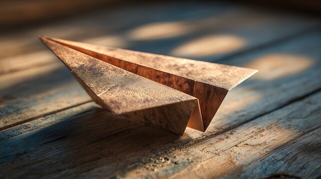 Origami paper plane resting on wooden desk with warm sunlight, nostalgic childhood mood and realistic paper texture detail