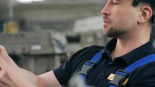 Skilled machinist examining vernier caliper before precision measurement in industrial workshop. Quality control, engineering inspection and metalworking process