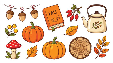 Autumn harvest vector set with pumpkins and fall book. Cozy seasonal clip art collection featuring teapot, acorns, and forest elements for thanksgiving decor. © Hinaa